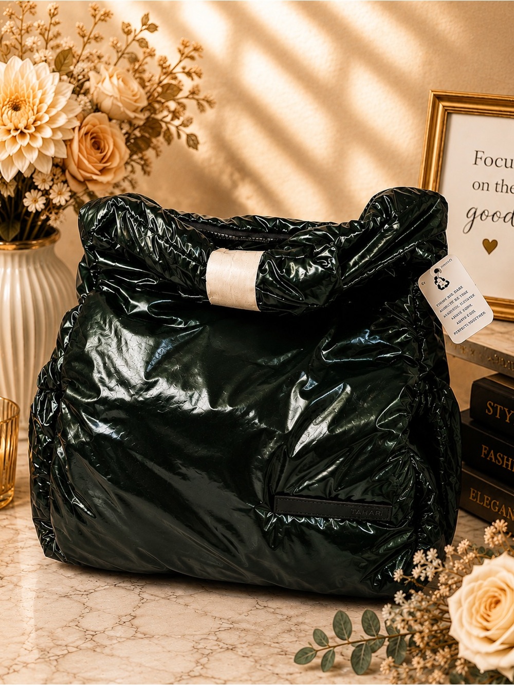 Tahari Shiny Dark Green Puffer Tote Bag
